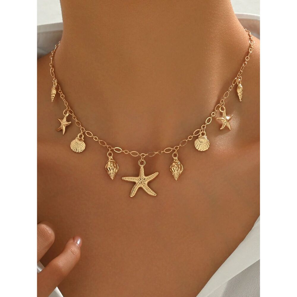 Gold Starfish Seashell Charm Necklace - Beach Ocean Themed Dainty Chain